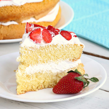 Air Fryer Angel Food Cake - A simple and beautiful layered cake topped with strawberries and cream, made right in the air fryer!