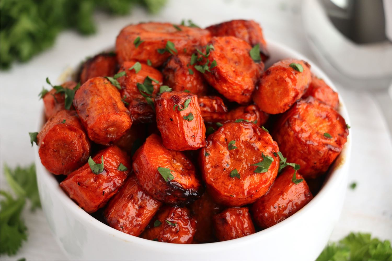 bowl of chopped roasted carrots