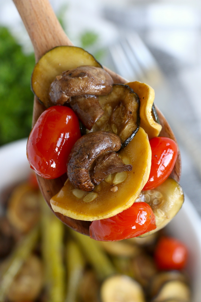 spoonful of balsamic roasted vegetables
