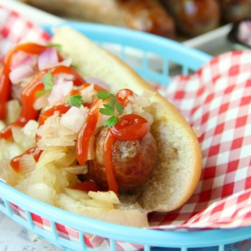 Air Fryer Beer Brats - Brats boiled in beer and onions and then air fried to perfection!