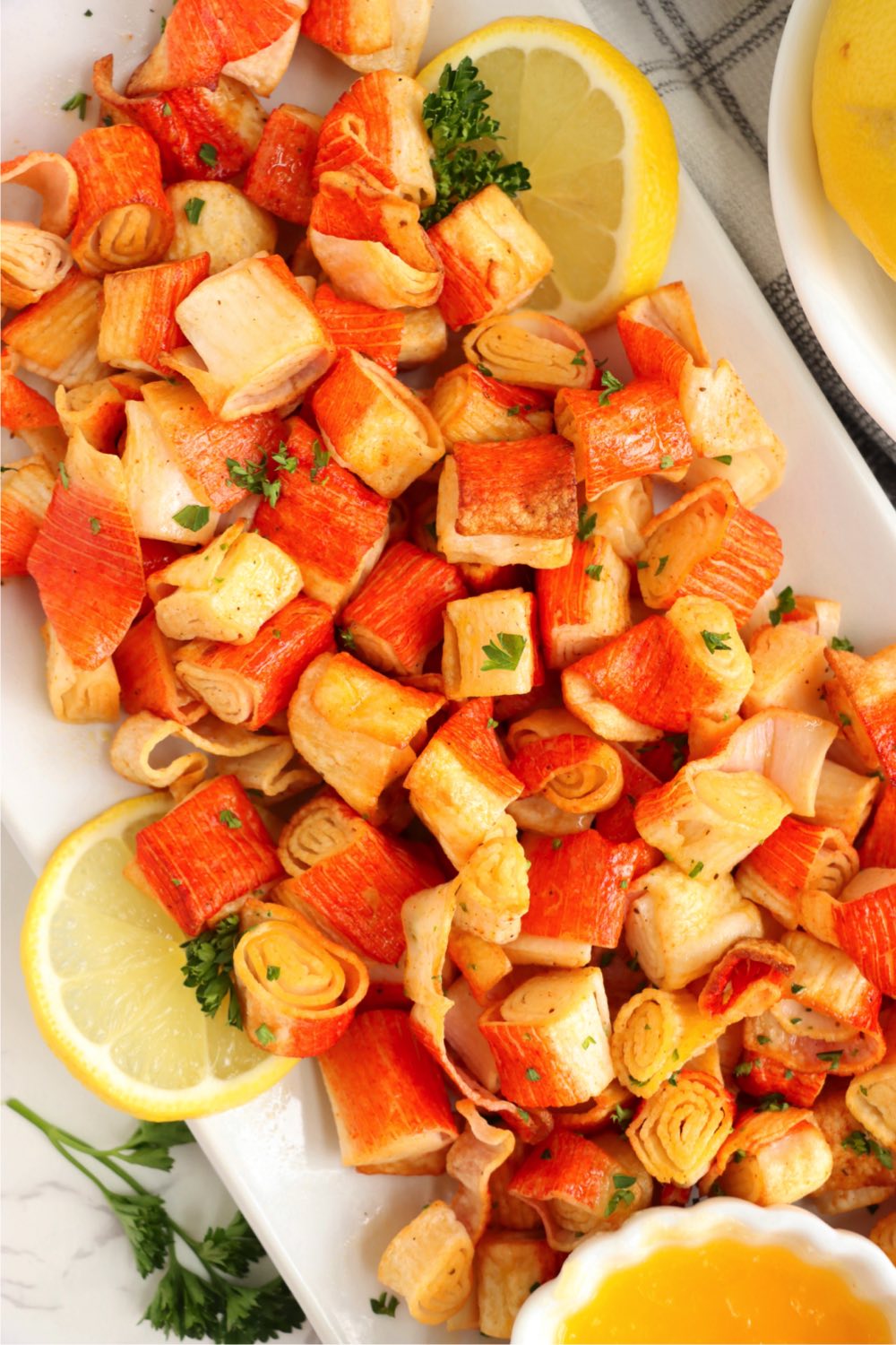 white platter of air fried imitation crab pieces