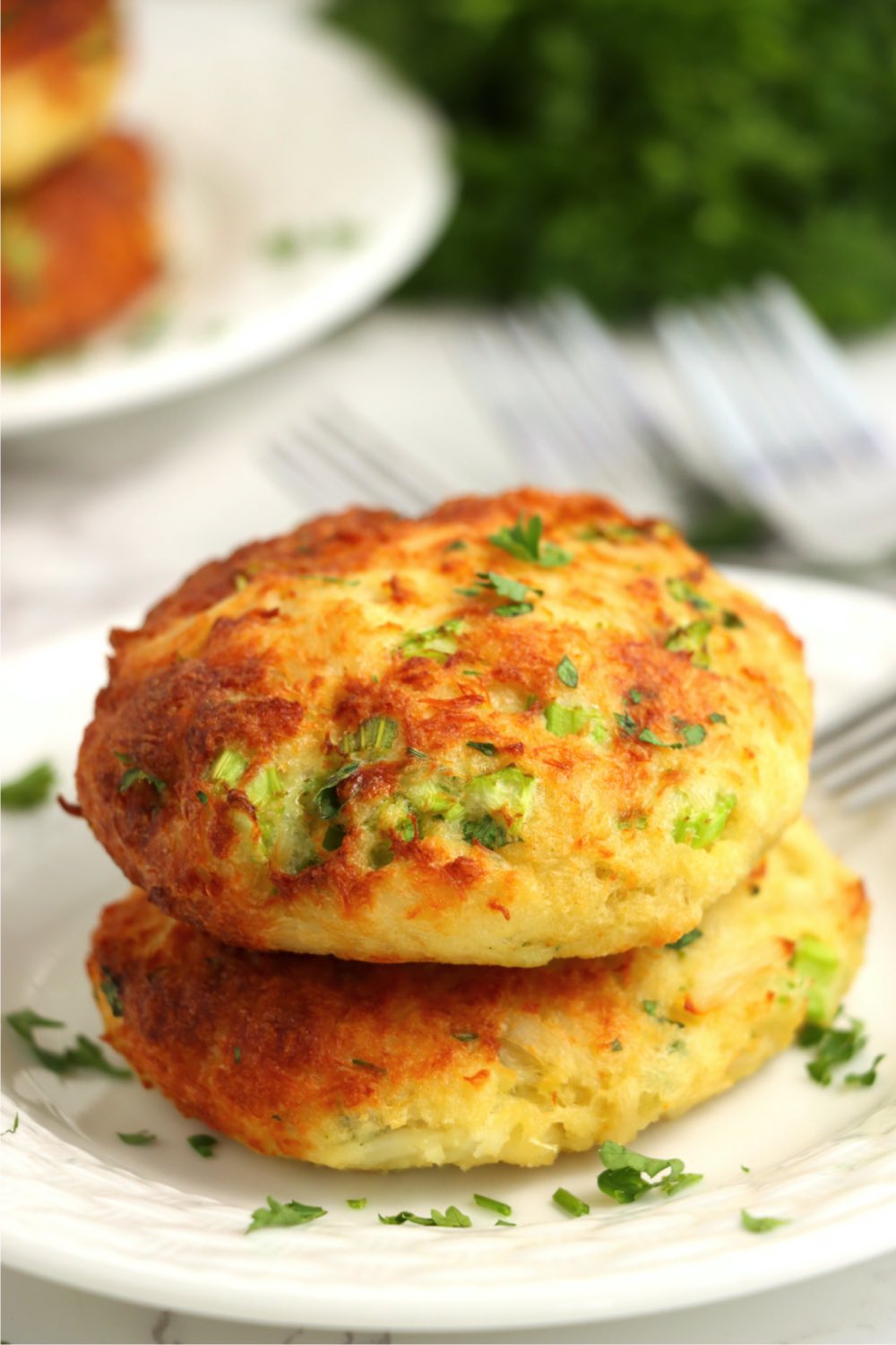up close shot of a stack of crab cakes