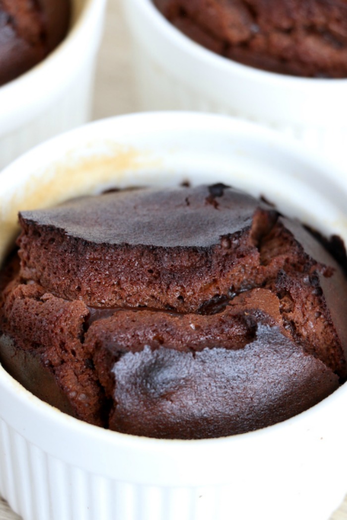 molten lava cake in white ramekin