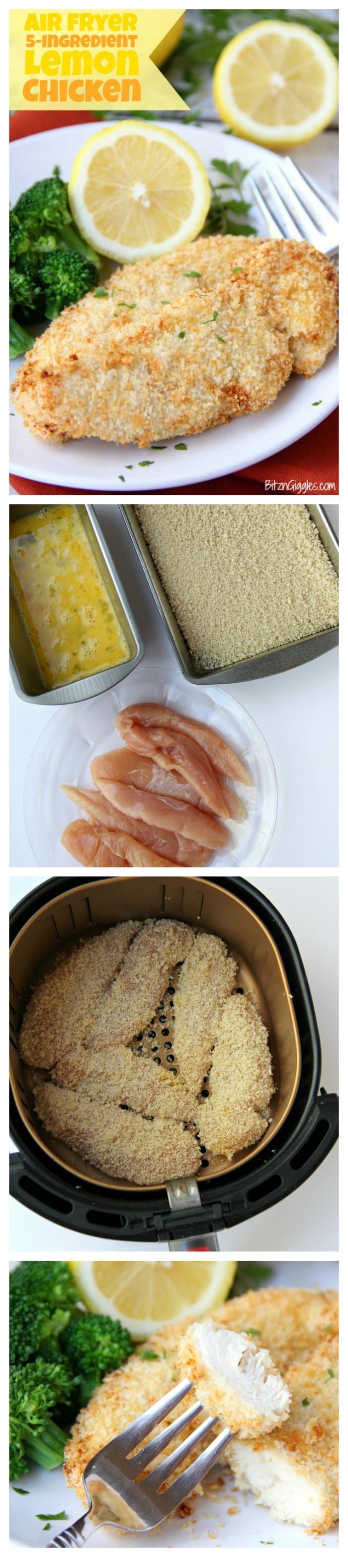 5-Ingredient Air Fryer Lemon Chicken - Chicken tenderloins are dredged in egg and Panko, then air-fried to create a crispy crust. A little salt and squeeze of lemon brings this dish to life!