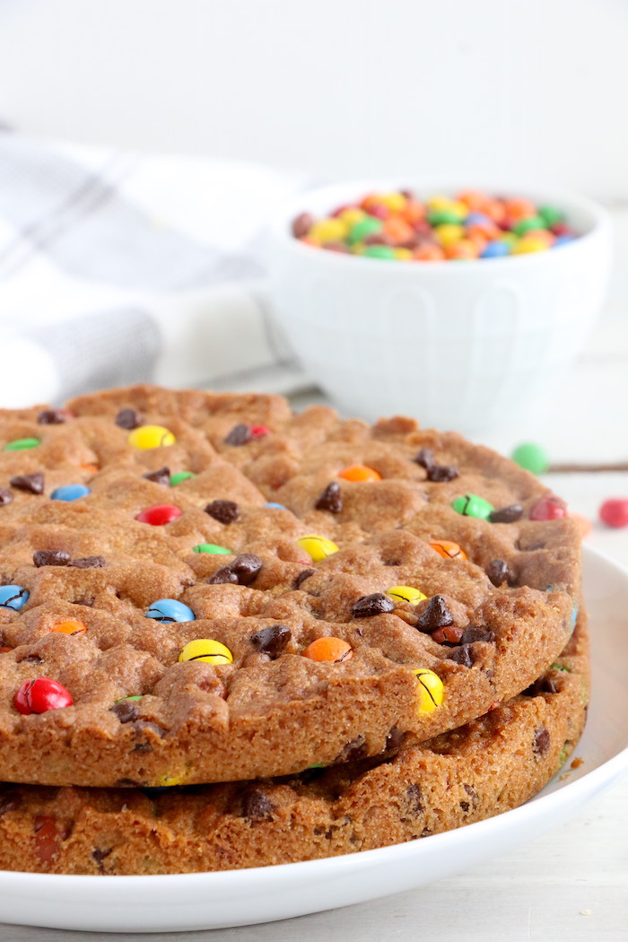 Air Fryer Pizookie - A soft and chewy cookie filled with mini chocolate chips and M&Ms made right in the air fryer in under 10 minutes! Large enough to serve a crowd!