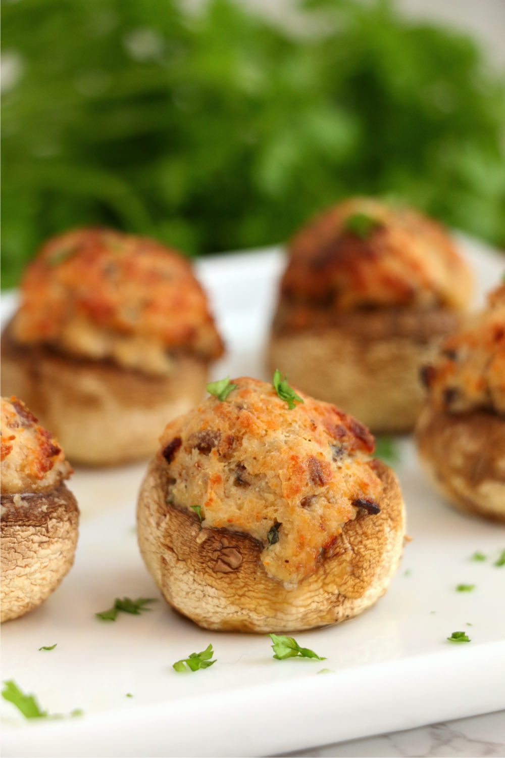 up close shot of air fryer stuffed mushrooms