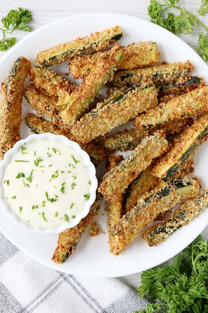 looking down at plate of air fryer zucchini fries