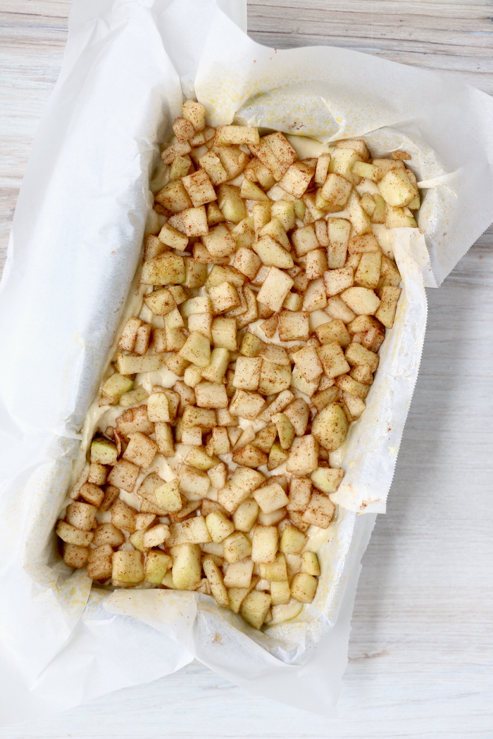 chopped fresh apples in bread loaf pan