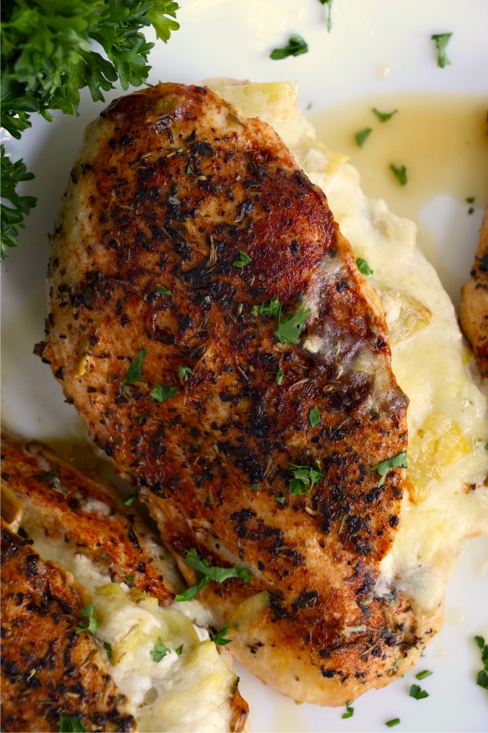 top view of artichoke stuffed chicken breasts