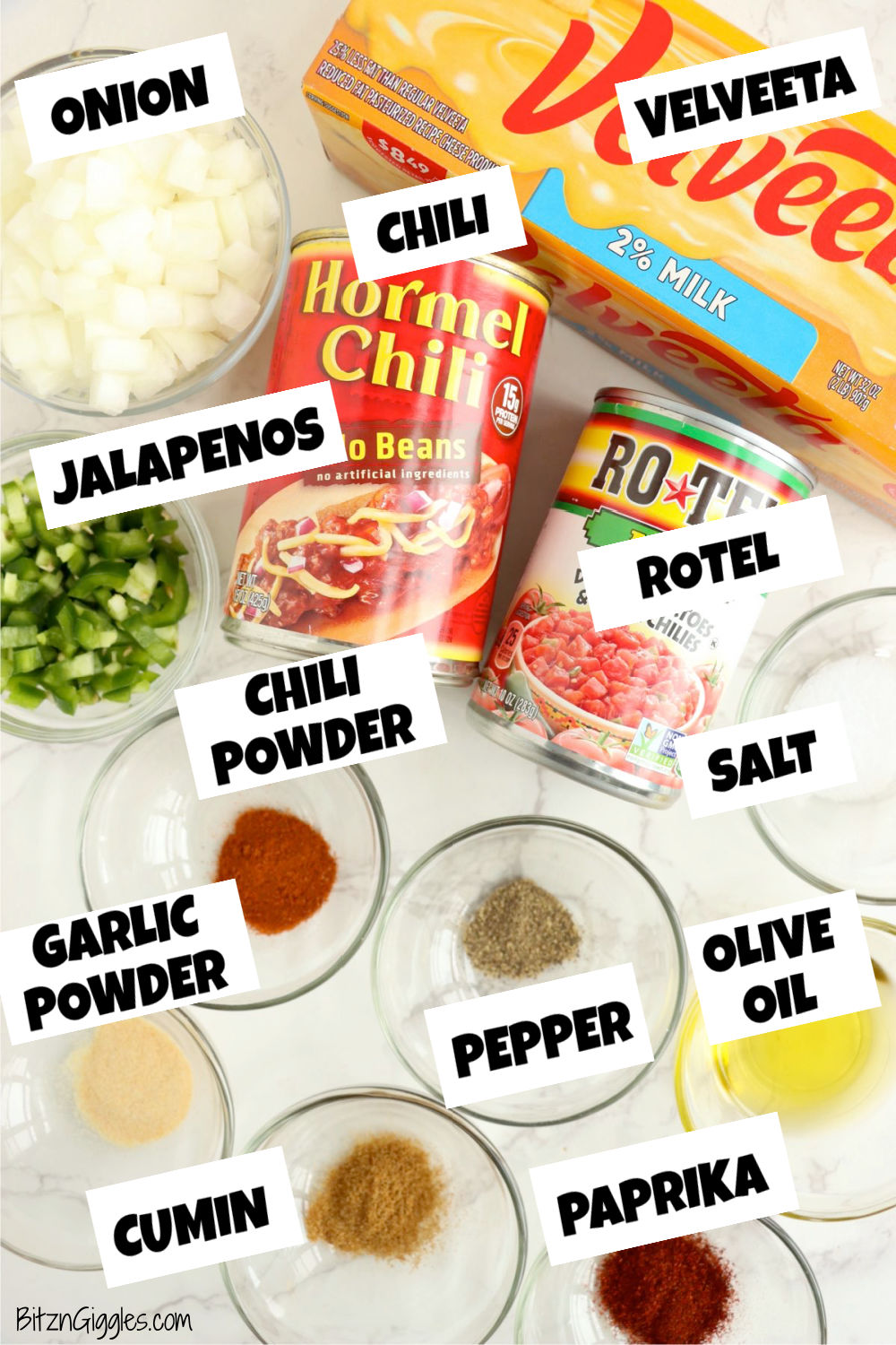 Ingredients to make Bdubs chili con quest dip