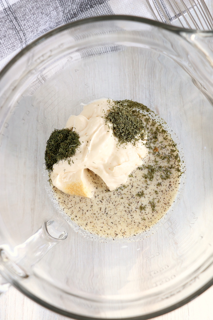 Miracle Whip and spices to make homemade ranch dressing