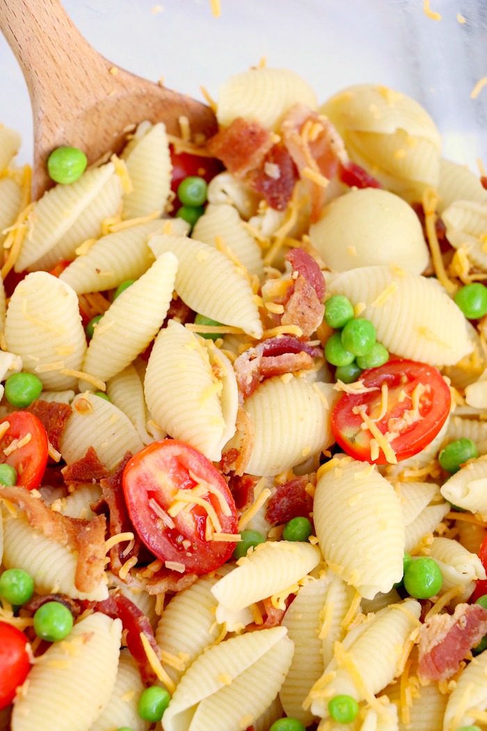 up close shot of bacon ranch pasta salad