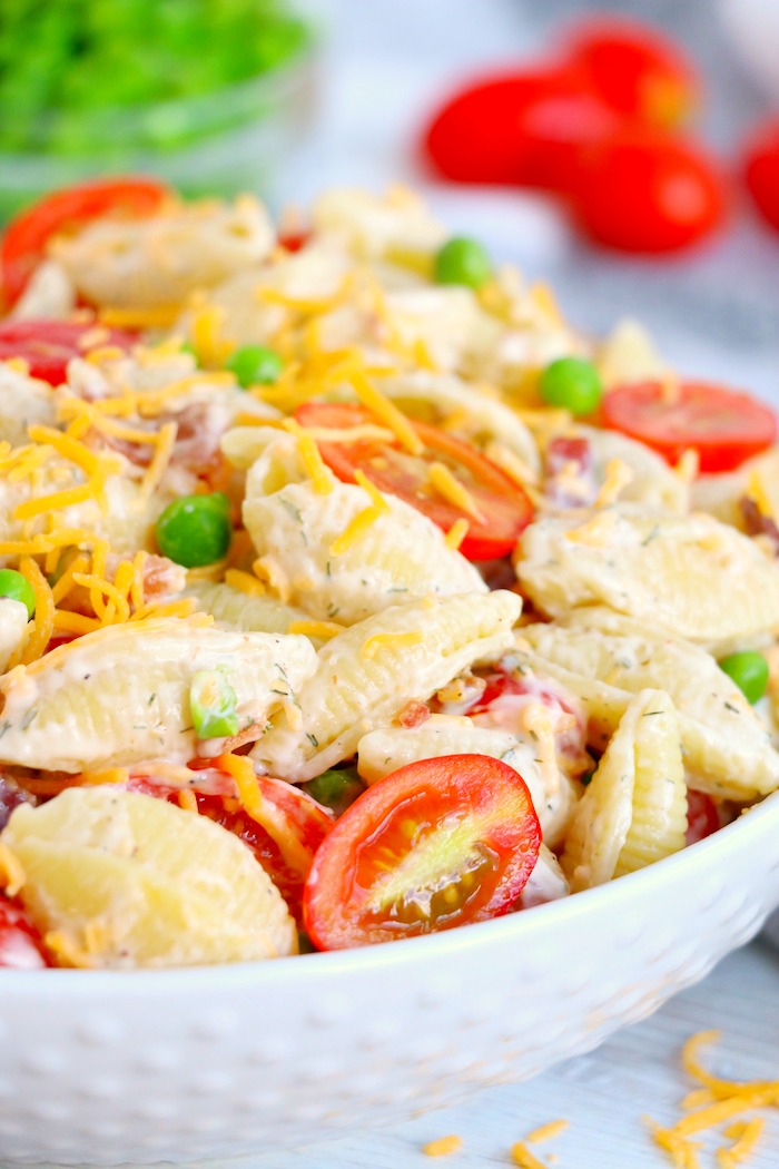 Bacon ranch pasta salad in white bowl