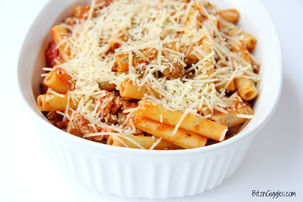 Baked Ziti - A classic, comforting dish featuring ground turkey, pasta, sauce and parmesan cheese. Perfect for a family meal or entertaining a small group!