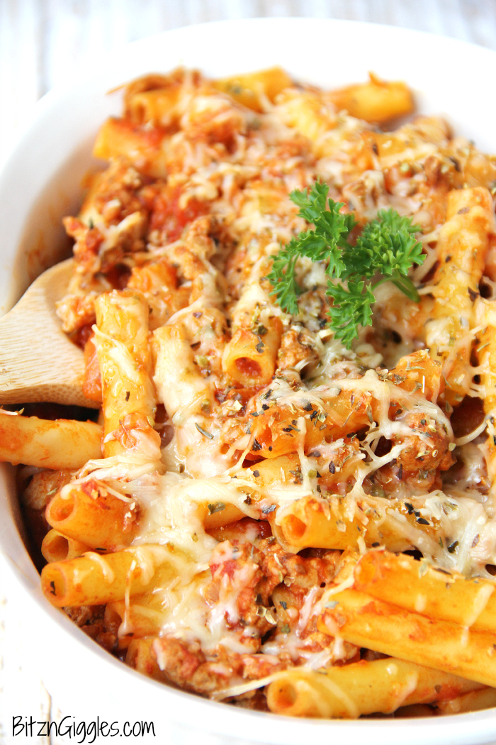 Baked Ziti - A classic, comforting dish featuring ground turkey, pasta, sauce and parmesan cheese. Perfect for a family meal or entertaining a small group!