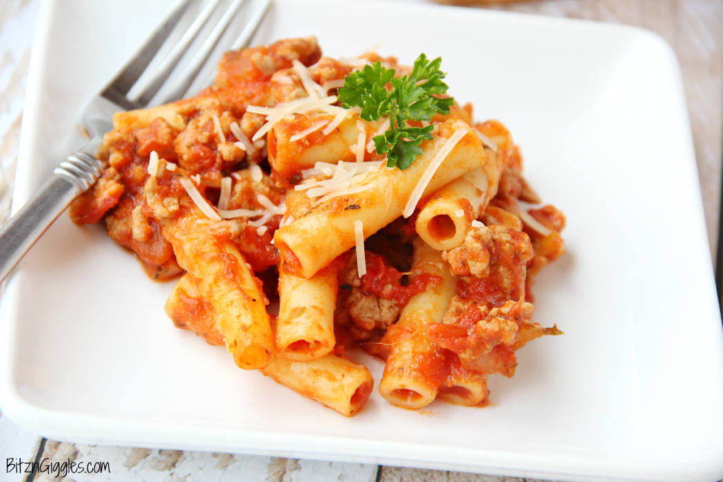 Baked Ziti - A classic, comforting dish featuring ground turkey, pasta, sauce and parmesan cheese. Perfect for a family meal or entertaining a small group!