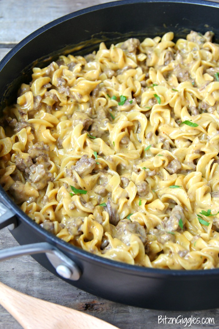 Easy Beef Stroganoff - A cheesy and delicious one pan meal that comes together in well under 30 minutes!