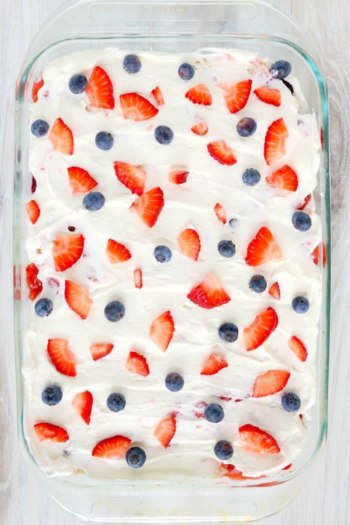 strawberry and blueberry dessert in pan