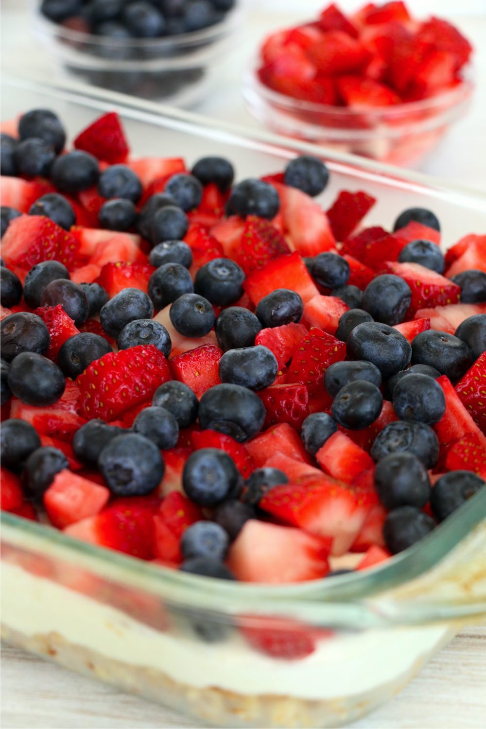 Pretzel crust topped with fresh strawberries and blueberries