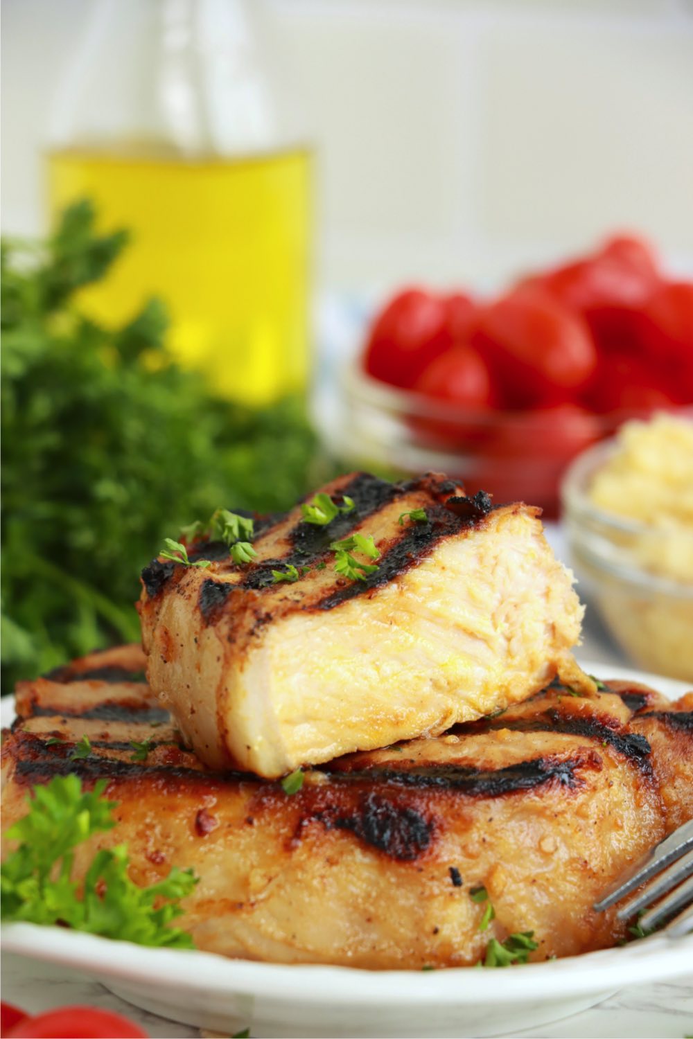 cut pork chop on top of plate