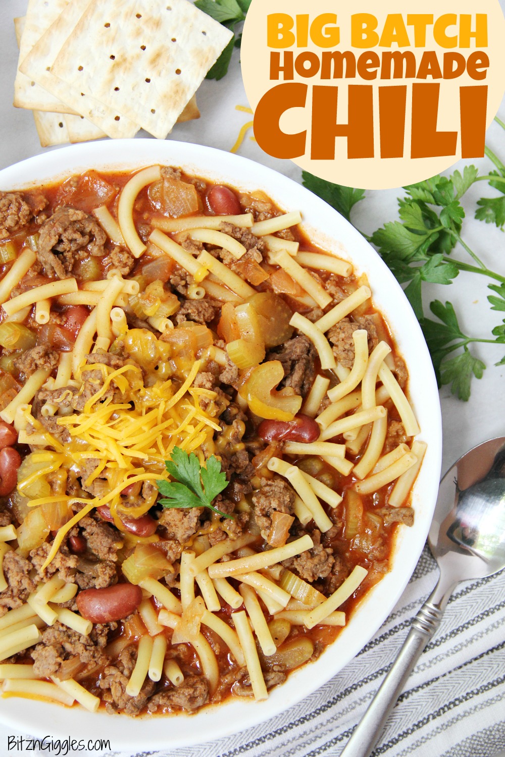 Big Batch Homemade Chili - A flavorful, yet mild chili, perfect for parties and gatherings. This chili is a family favorite and serves a crowd!