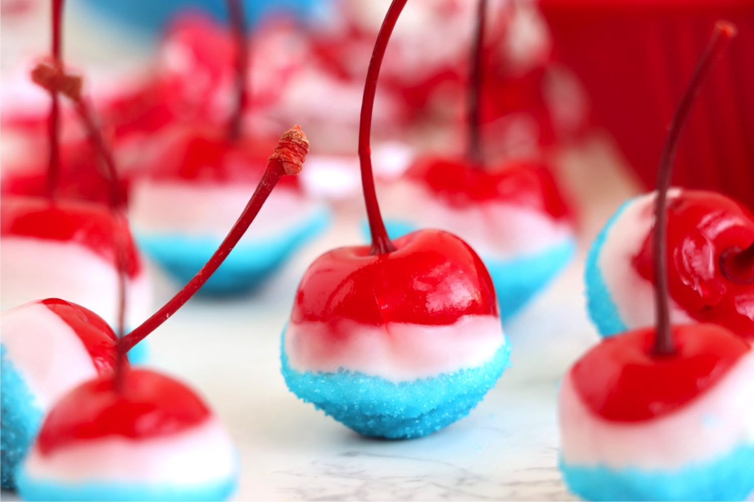 Long stemmed cherry decorated in red, white and blue for the 4th of July.