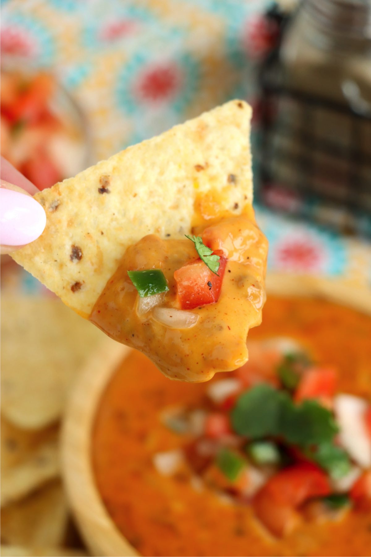 tortilla chip filled with quest dip