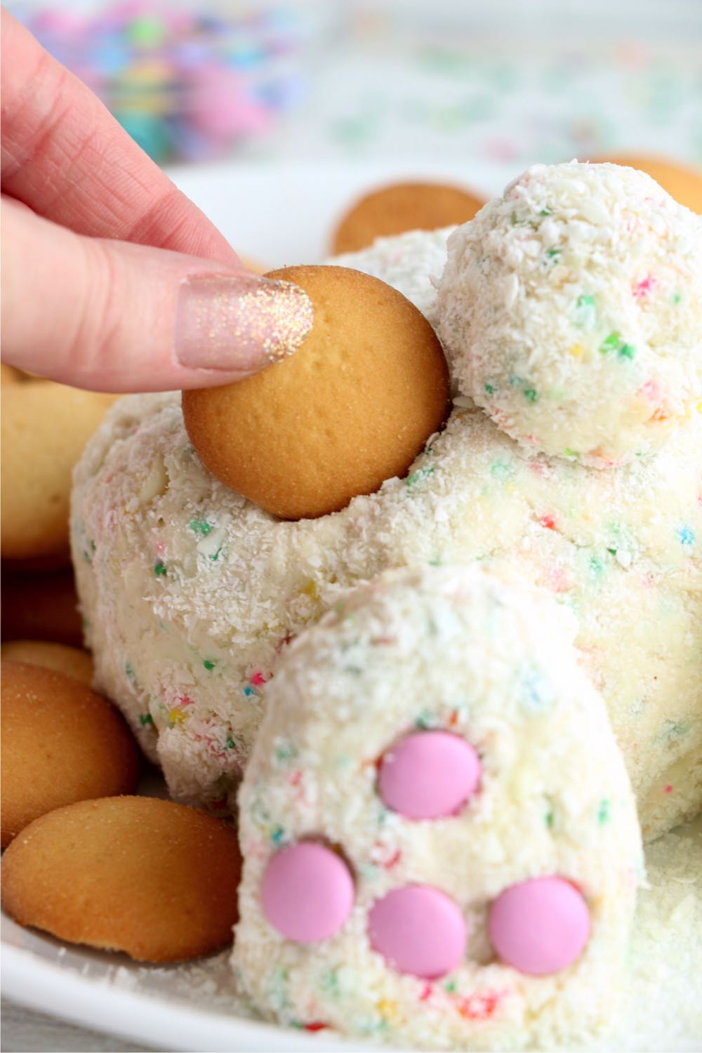 dipping a vanilla wafer in an Easter cheese ball