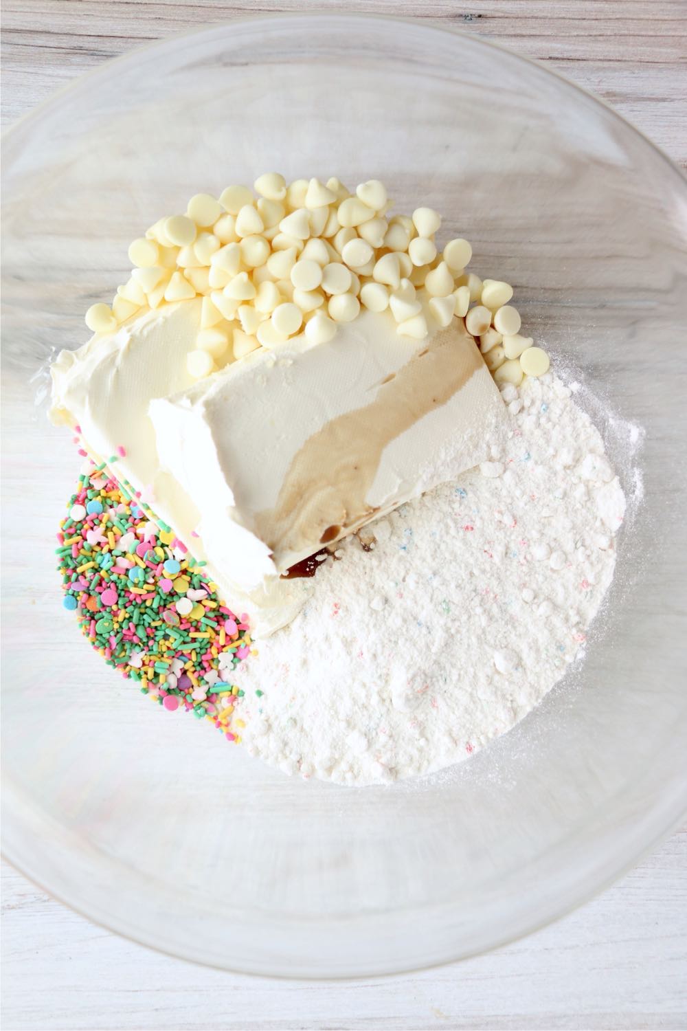 Baking ingredients in glass mixing bowl