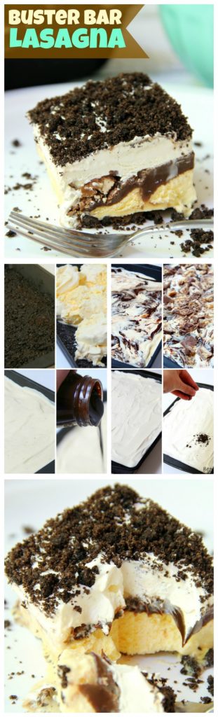 Buster Bar Lasagna - Decadent layers of Oreo cookies, ice cream, hot fudge, Snickers bars and whipped topping make up this delicious 5-layer dessert!