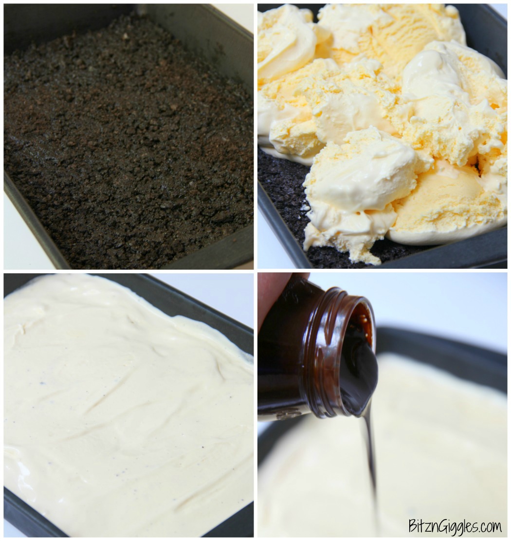 Buster Bar Lasagna - Decadent layers of Oreo cookies, ice cream, hot fudge, Snickers bars and whipped topping make up this delicious 5-layer dessert!