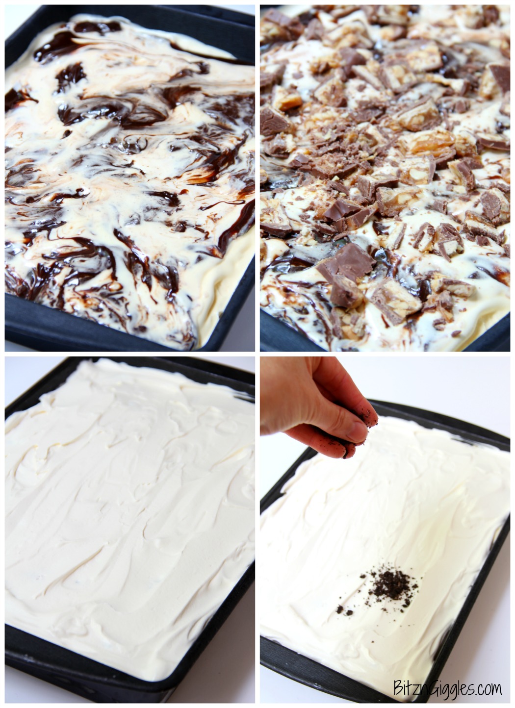Buster Bar Lasagna - Decadent layers of Oreo cookies, ice cream, hot fudge, Snickers bars and whipped topping make up this delicious 5-layer dessert!