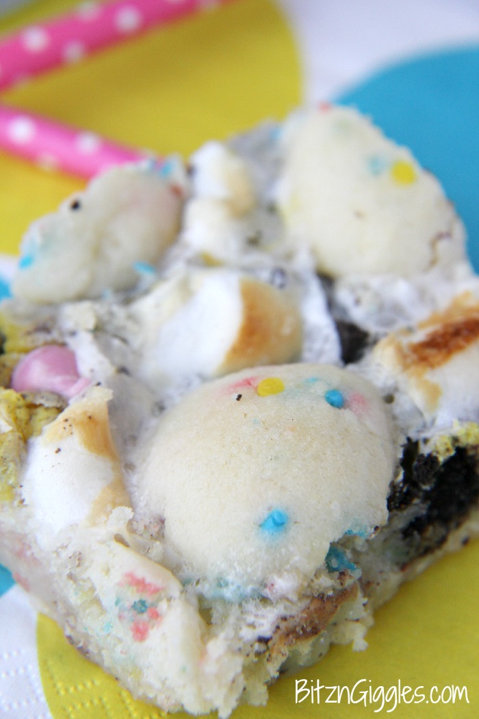 Cake Batter Truffle Bars - Sweet, chewy, decadent bars exploding with sprinkles, chocolate chips, marshmallows, and Oreo pieces!