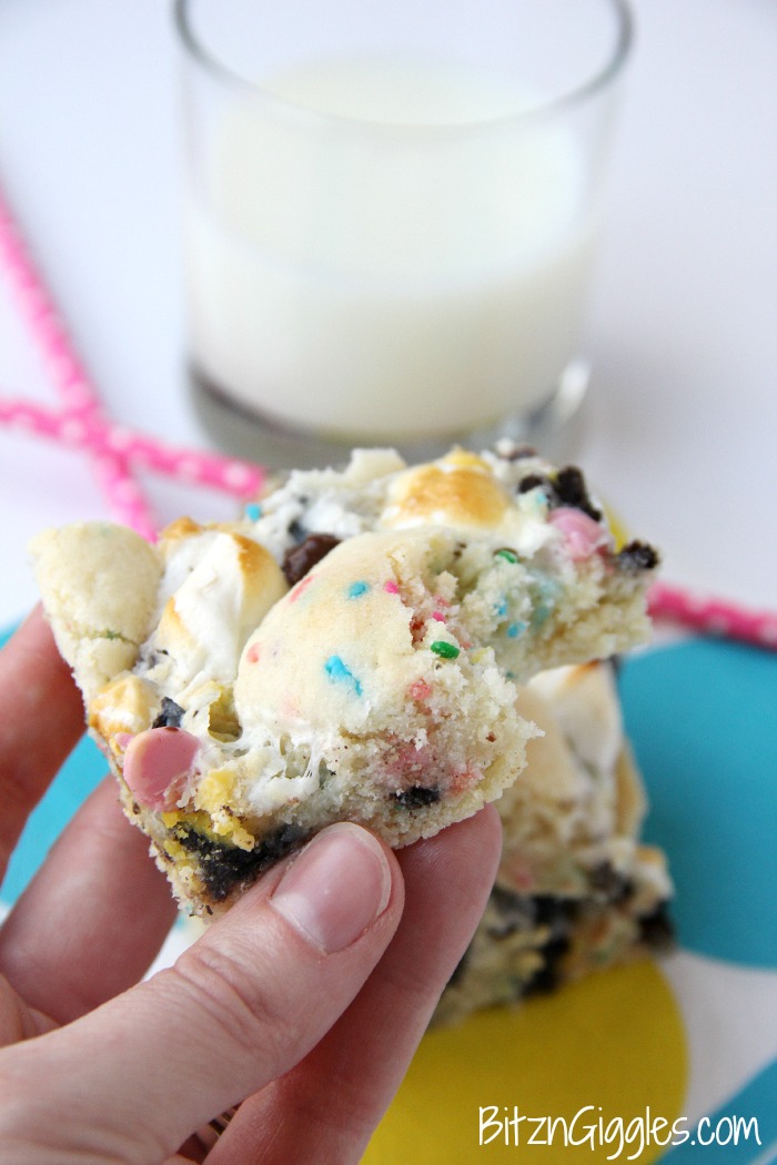 Cake Batter Truffle Bars - Sweet, chewy, decadent bars exploding with sprinkles, chocolate chips, marshmallows, and Oreo pieces!