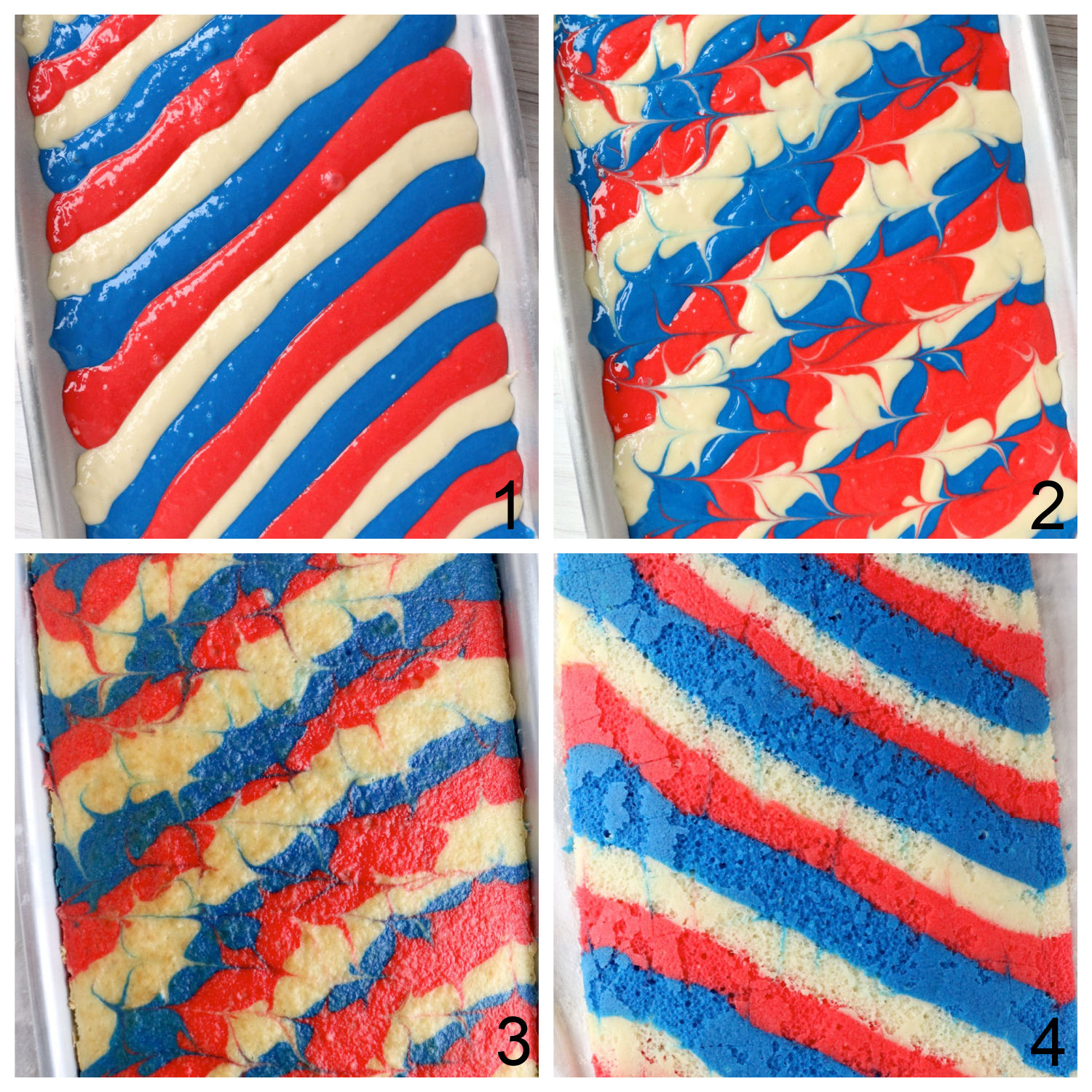 Steps for making a red, white and blue cake roll