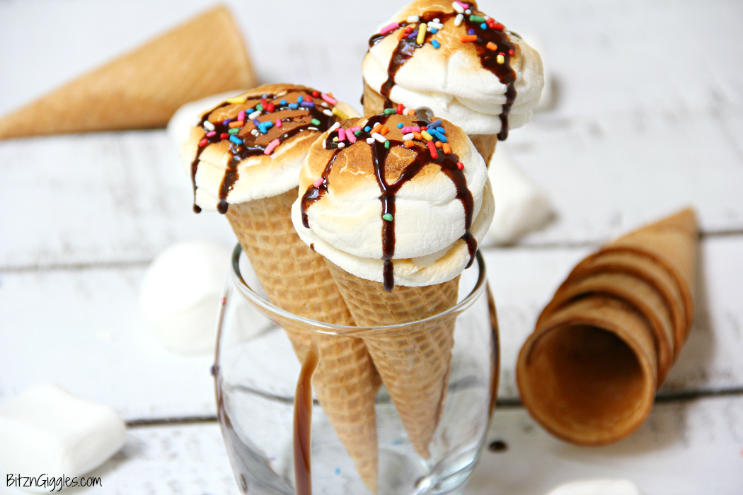 These campfire cones don't need to be wrapped in foil, and toasting over a fire isn't necessary! Add toasted marshmallows, chocolate and hot fudge for a decadent campfire treat any time of the year!