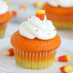 cupcake decorated like candy corn