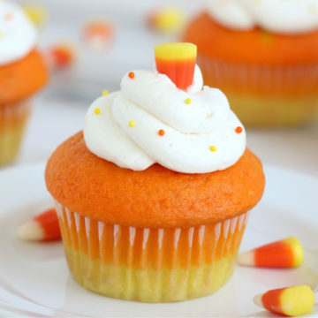 cupcake decorated like candy corn