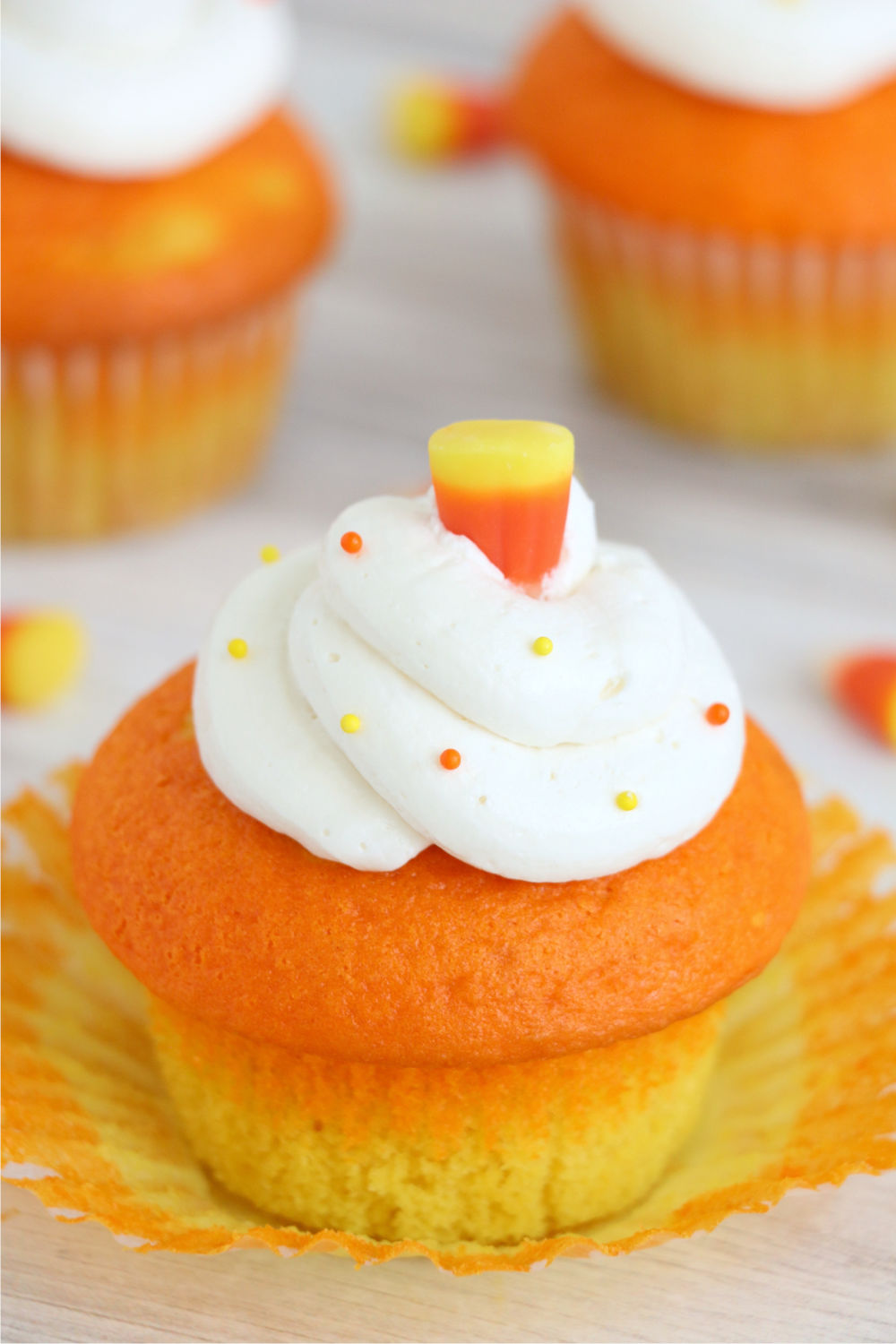 unwrapped candy corn cupcake
