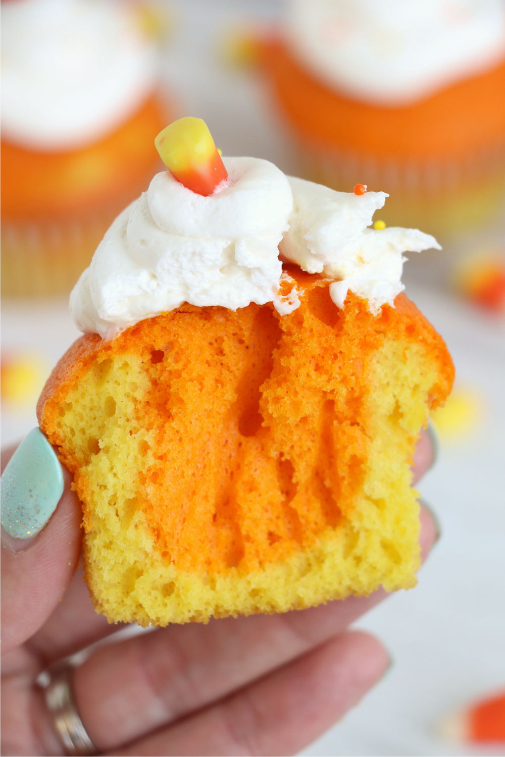 inside of candy corn cupcake