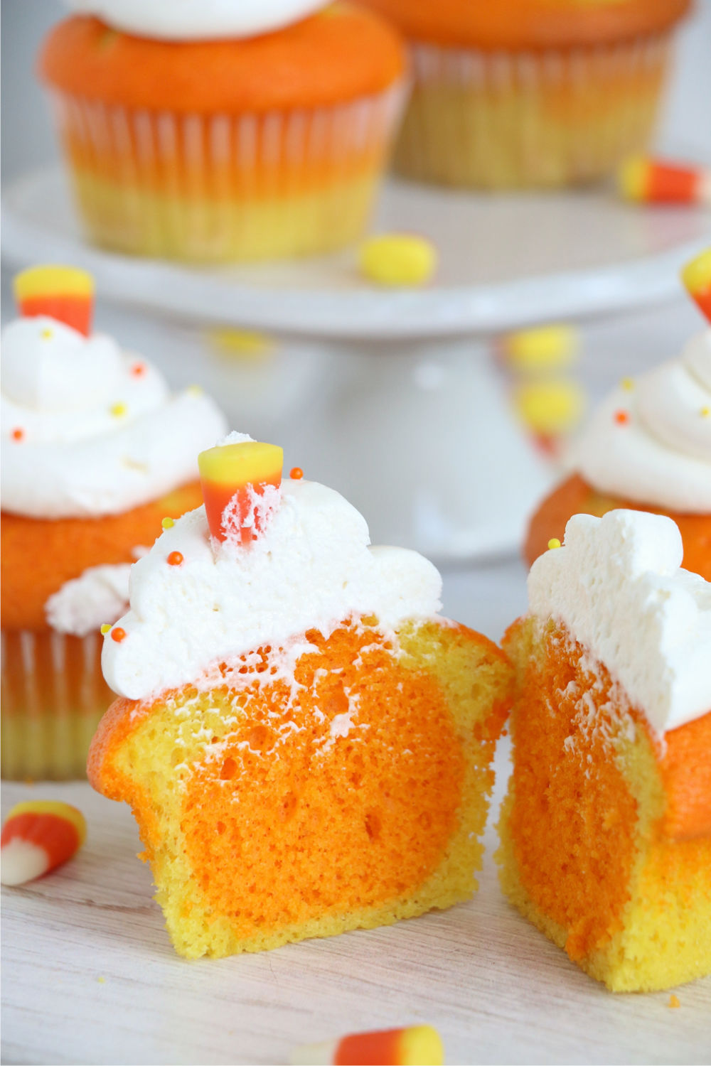 candy corn cupcake cut in half