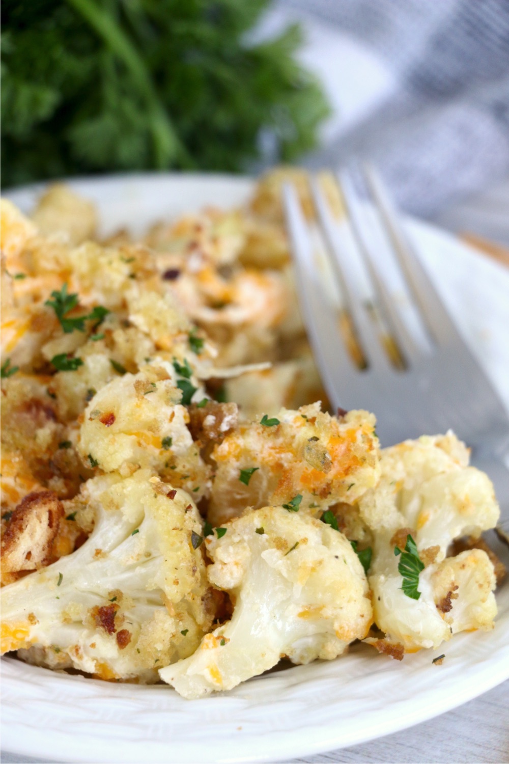 plate of cauliflower casserole with fork