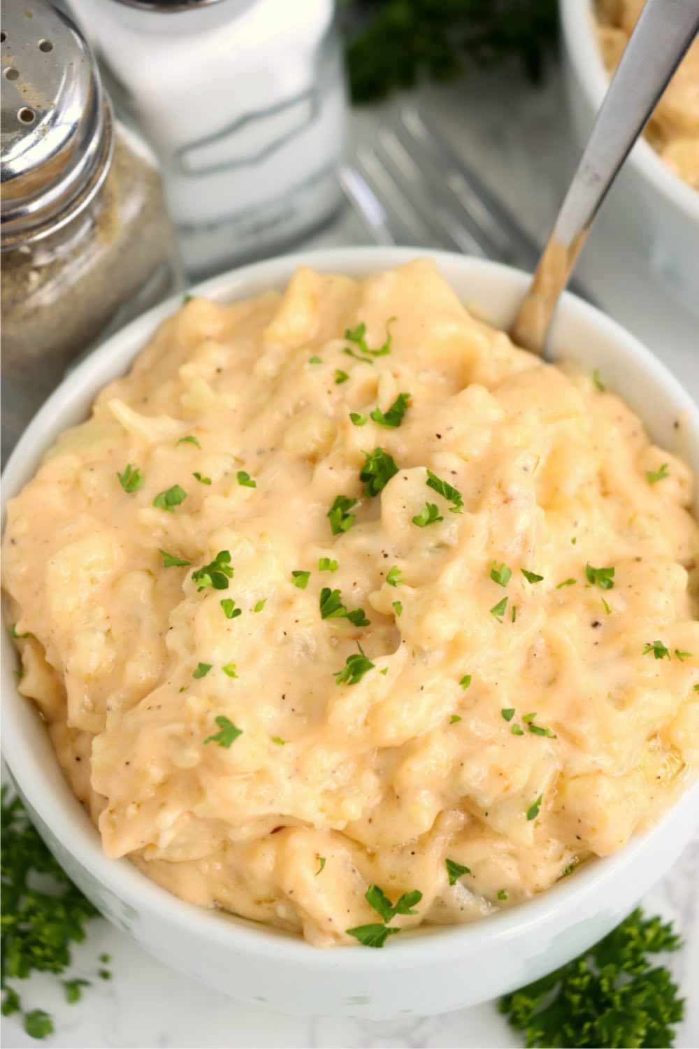 close up of bowl of cauliflower mac & cheese