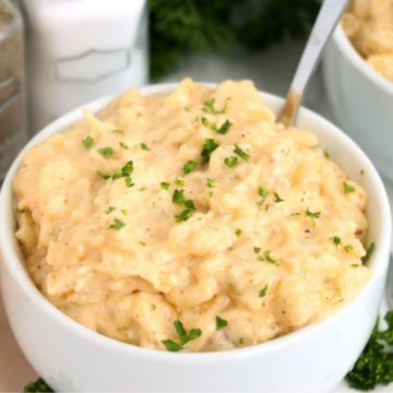 bowl of macaroni and cheese made with cauliflower instead of noodle