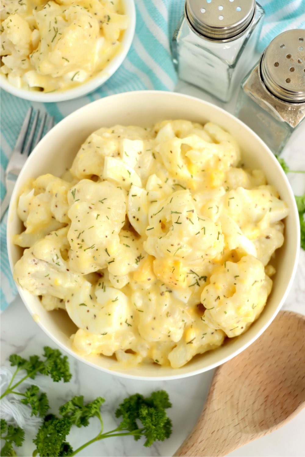 top shot of bowl of cauliflower potato salad