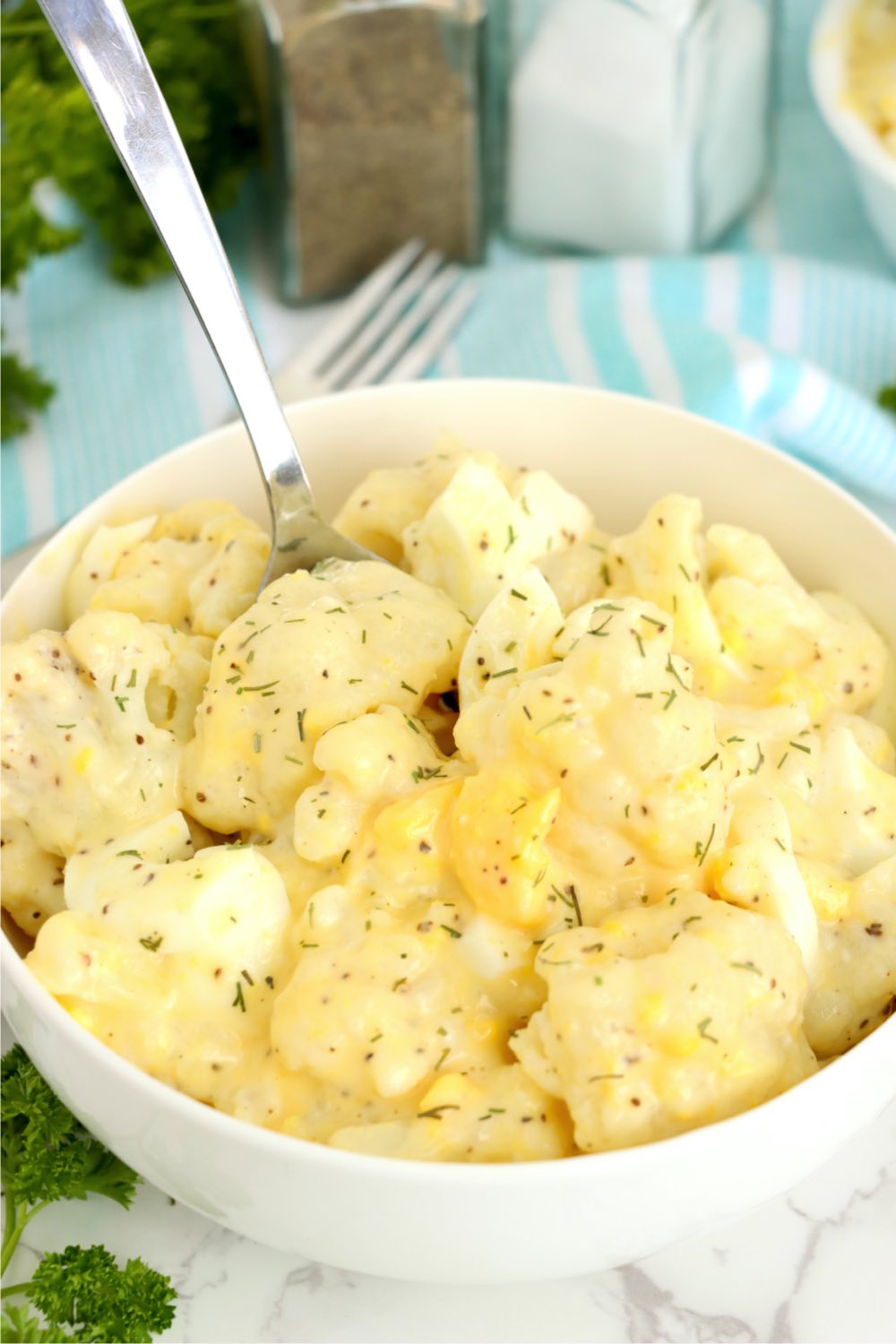 close up of bowl with creamy cauliflower