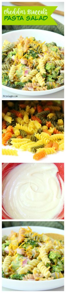 Cheddar Broccoli Pasta Salad - Broccoli, red onion, shredded cheese and rotini pasta tossed in a sweet, creamy dressing! Everyone always asks for seconds!
