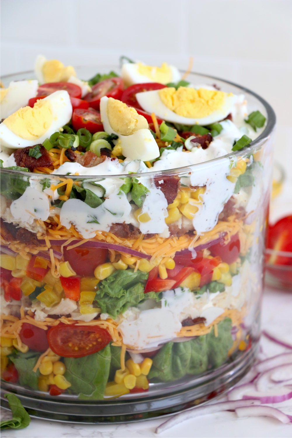 Chicken bacon and ranch salad in trifle bowl
