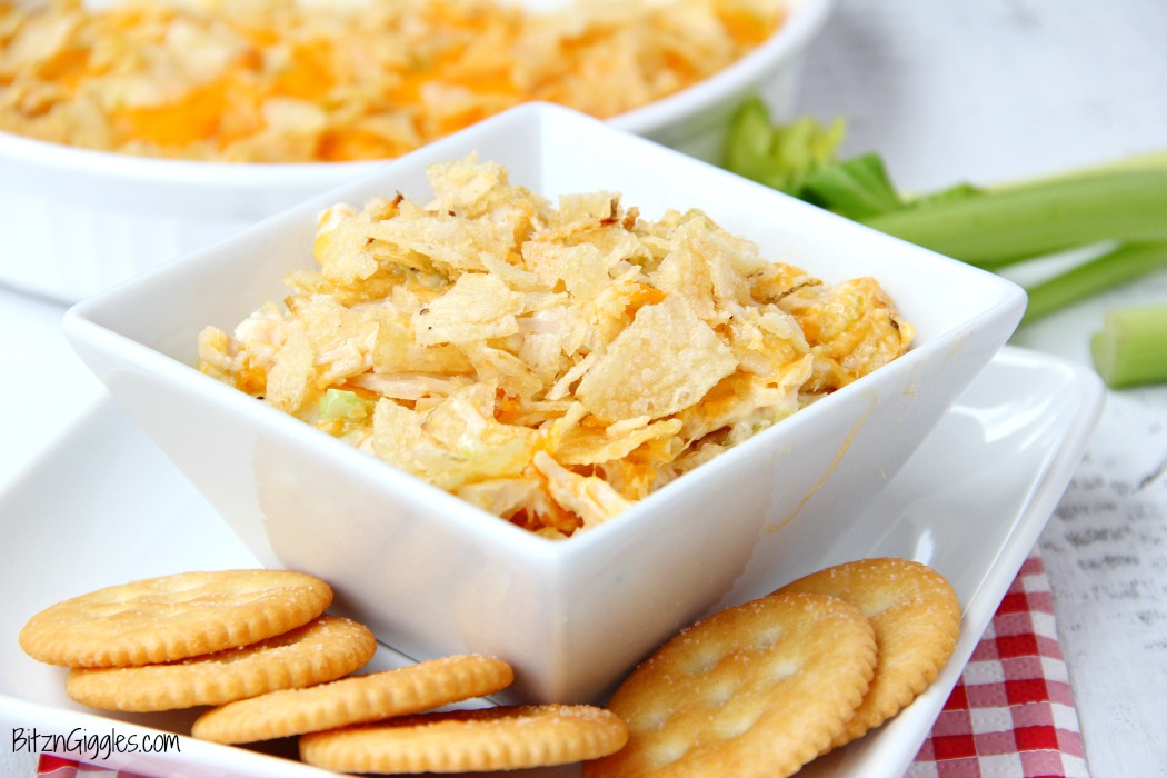Chicken Salad Dip - This easy dip is a twist on a classic hot chicken salad recipe that I've had in my recipe box for some time now. It's a cheesy and creamy chicken mixture topped with crushed potato chips and perfect for cracker or tortilla chip dipping!