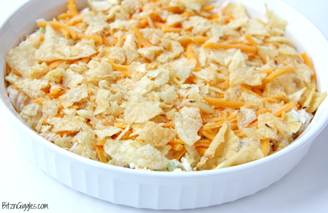 Chicken Salad Dip - This easy dip is a twist on a classic hot chicken salad recipe that I've had in my recipe box for some time now. It's a cheesy and creamy chicken mixture topped with crushed potato chips and perfect for cracker or tortilla chip dipping!